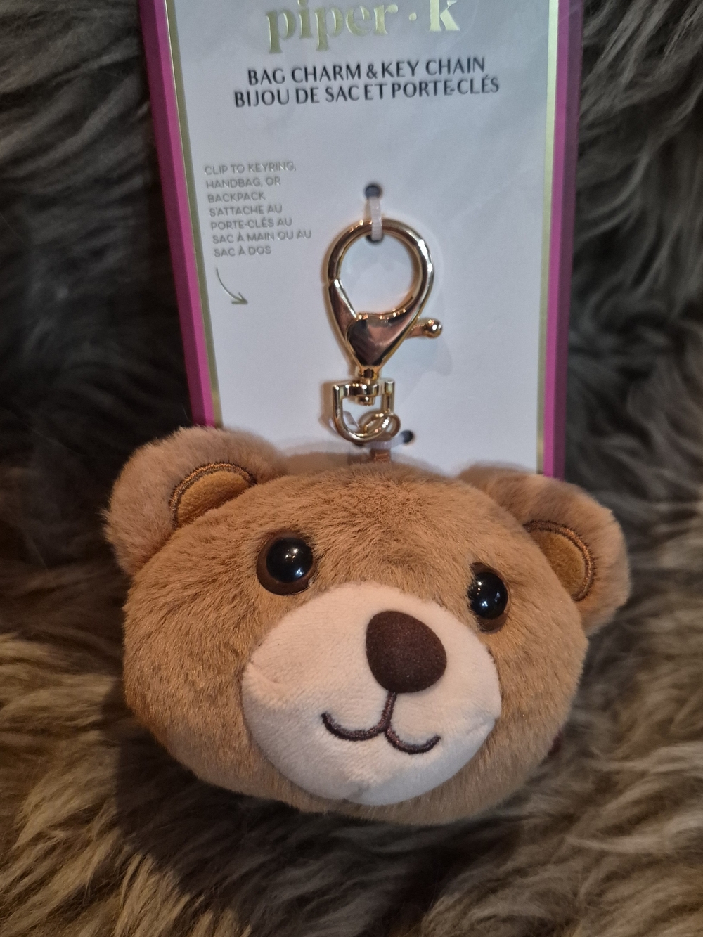 piper•k Plush Brown Bear Bag Charm with Gold Clip